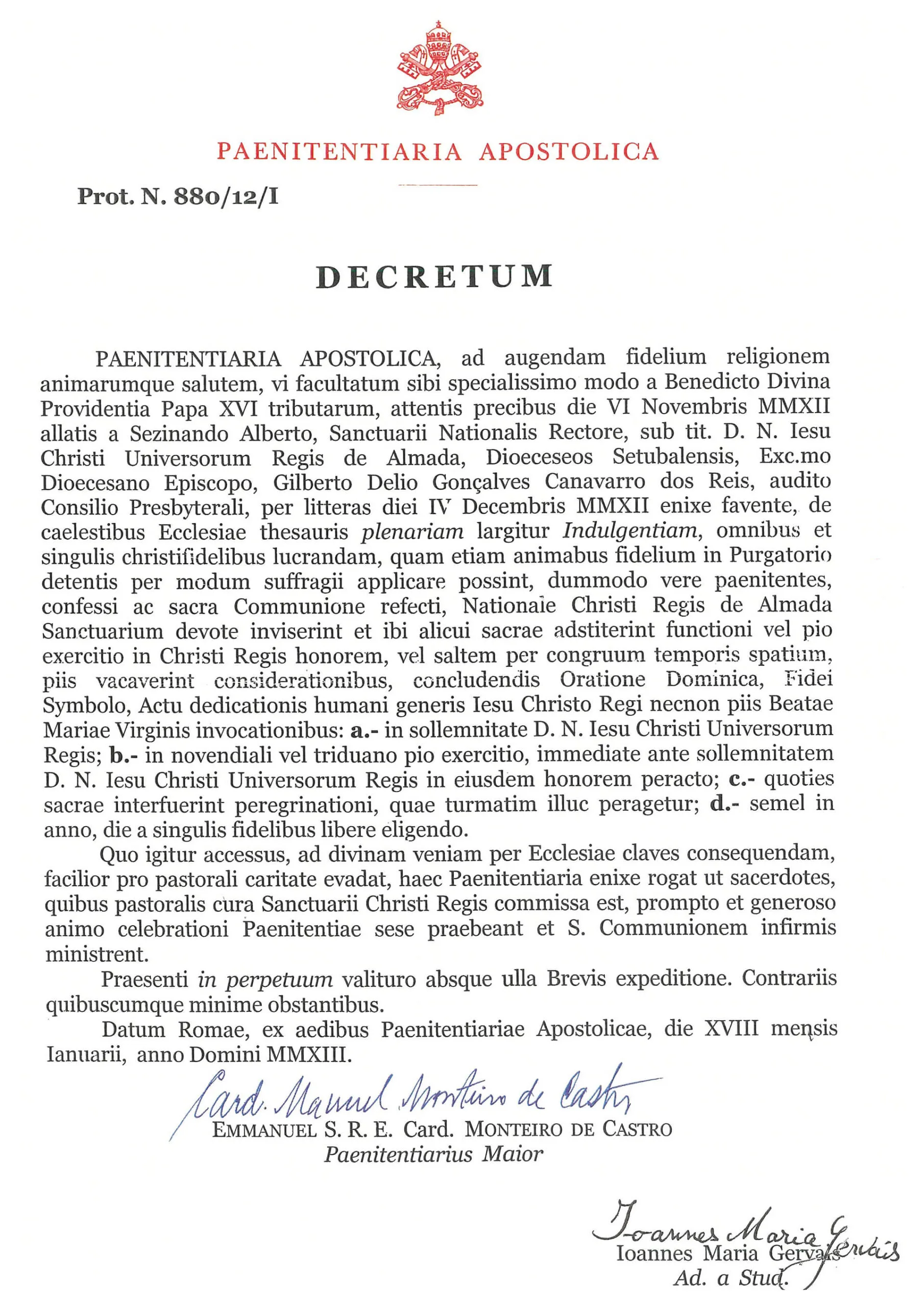 decreto penitenciaria apostolica indulgencia santuario de cristorei