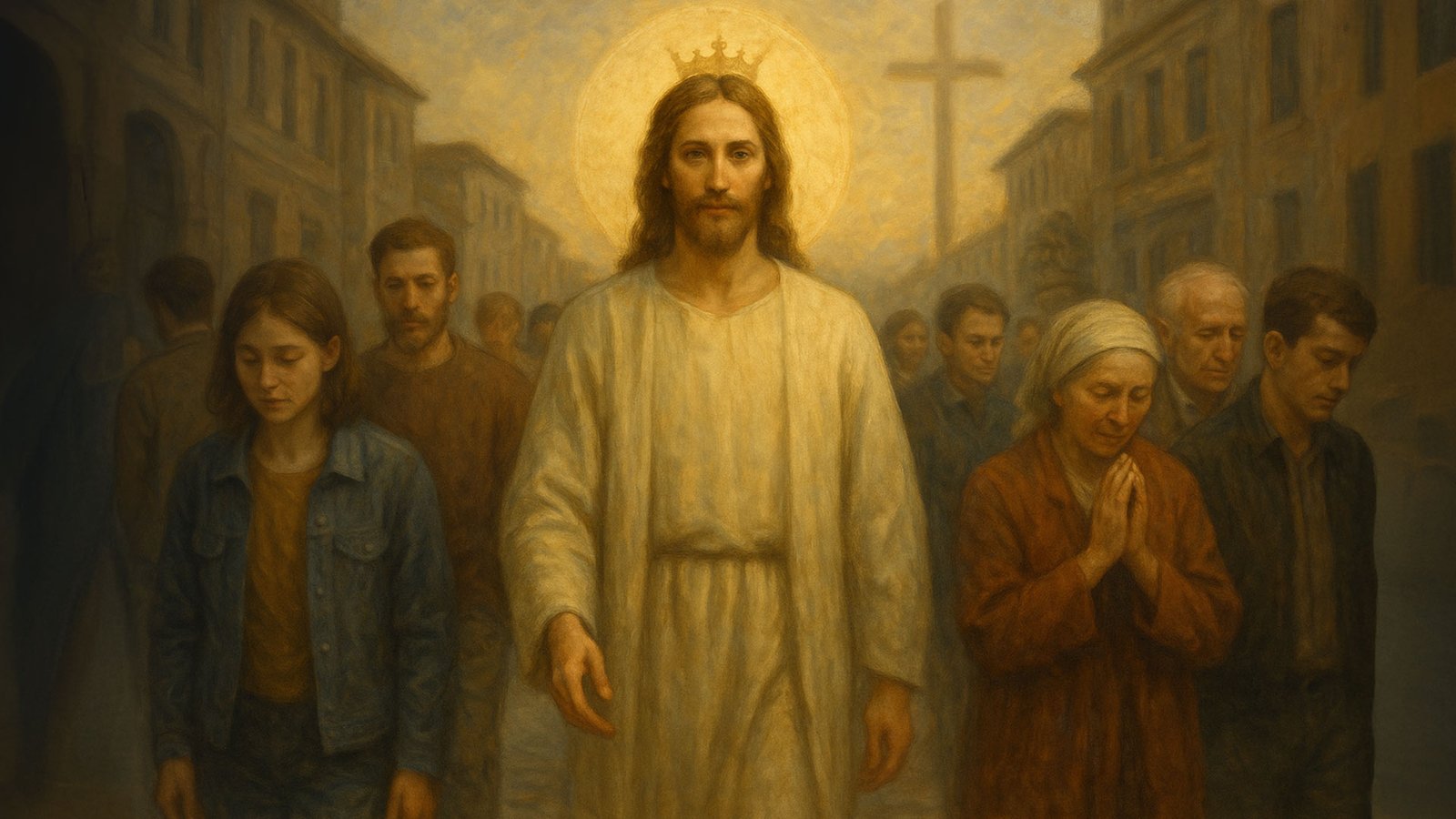 Cristo Rei no meio do povo, numa rua urbana, com luz simbólica e cruz ao fundo.