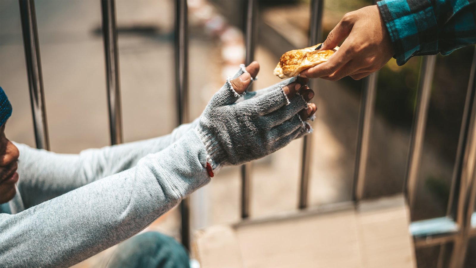 Quer Ser Mais Feliz? A Ciência Confirma a Caridade. Mulher a doar um pão a um sem-abrigo