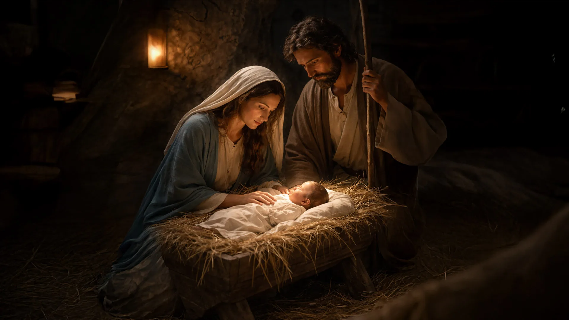 Presépio tradicional mostrando Maria e José contemplando o Menino Jesus na manjedoura, transmitindo humildade e amor divino.
