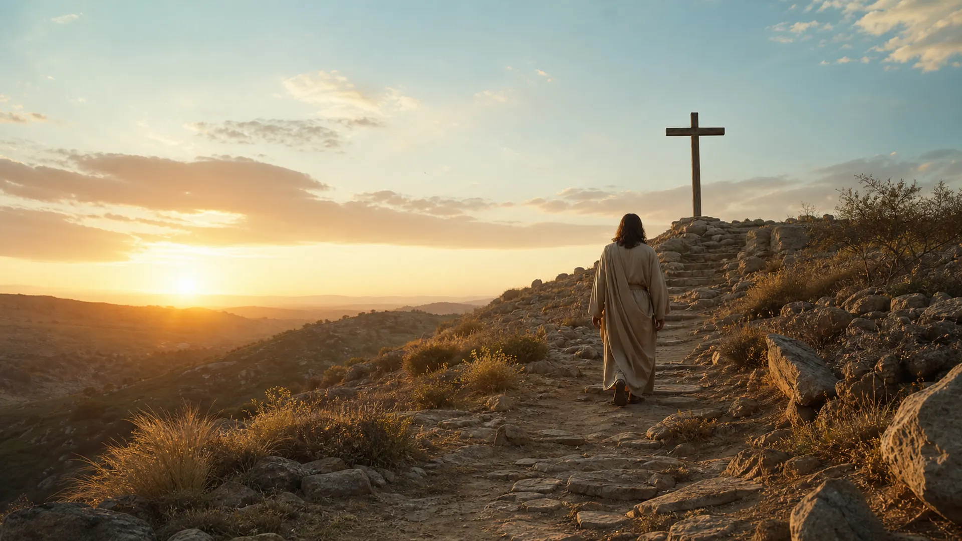 Figura de Jesus caminha por um caminho de pedra ao amanhecer em direcção a uma cruz