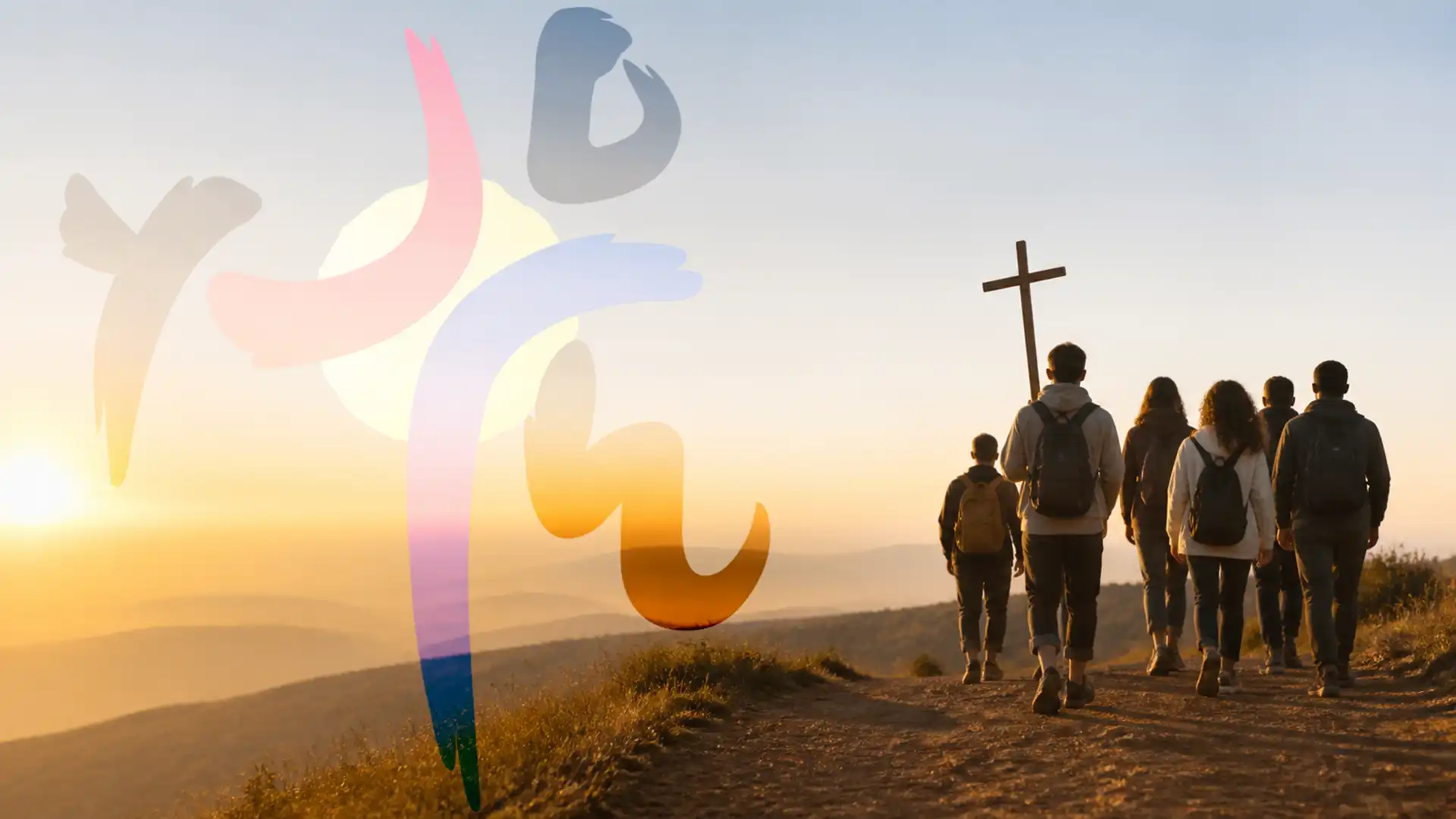 Jovens peregrinos caminham ao amanhecer com uma cruz, numa imagem simbólica da JMJ Seul 2027