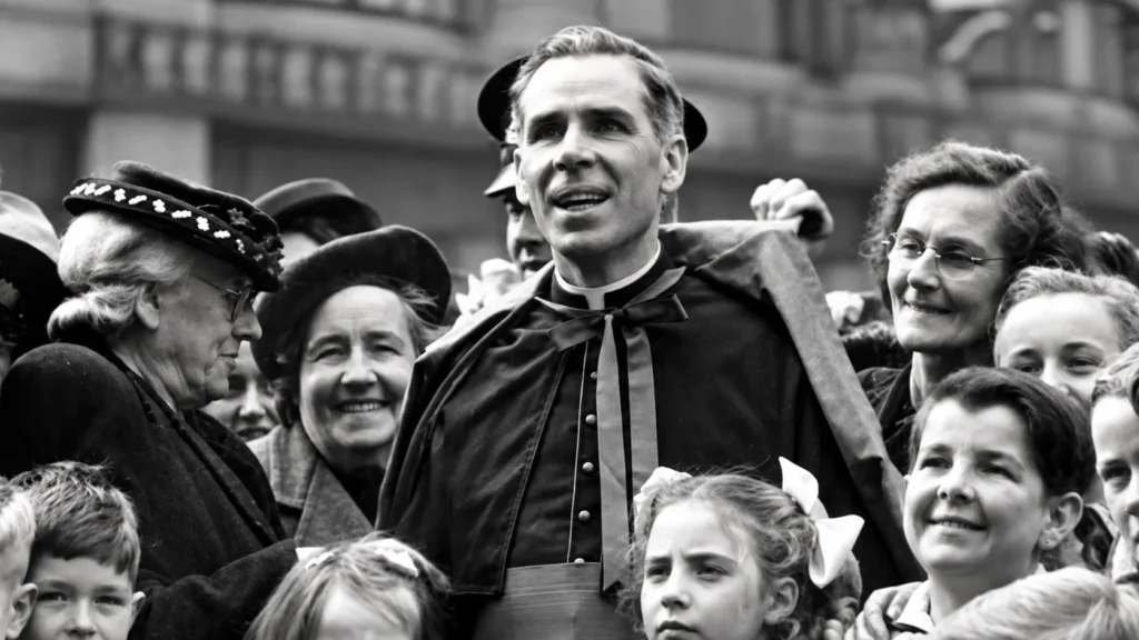 Fulton Sheen ao centro, rodeado por adultos e crianças numa fotografia histórica a preto e branco