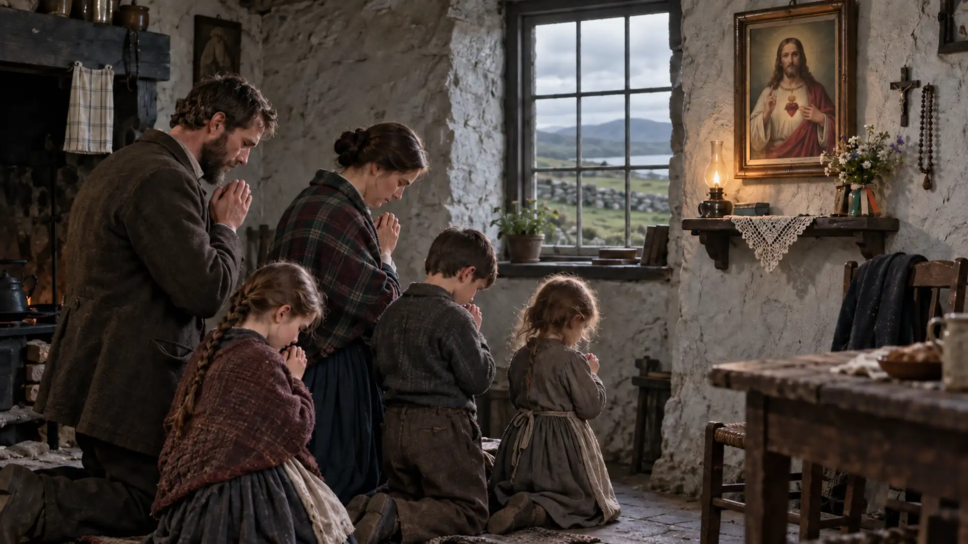 Família católica irlandesa reunida em oração diante de uma imagem do Sagrado Coração de Jesus numa casa rural em 1873
