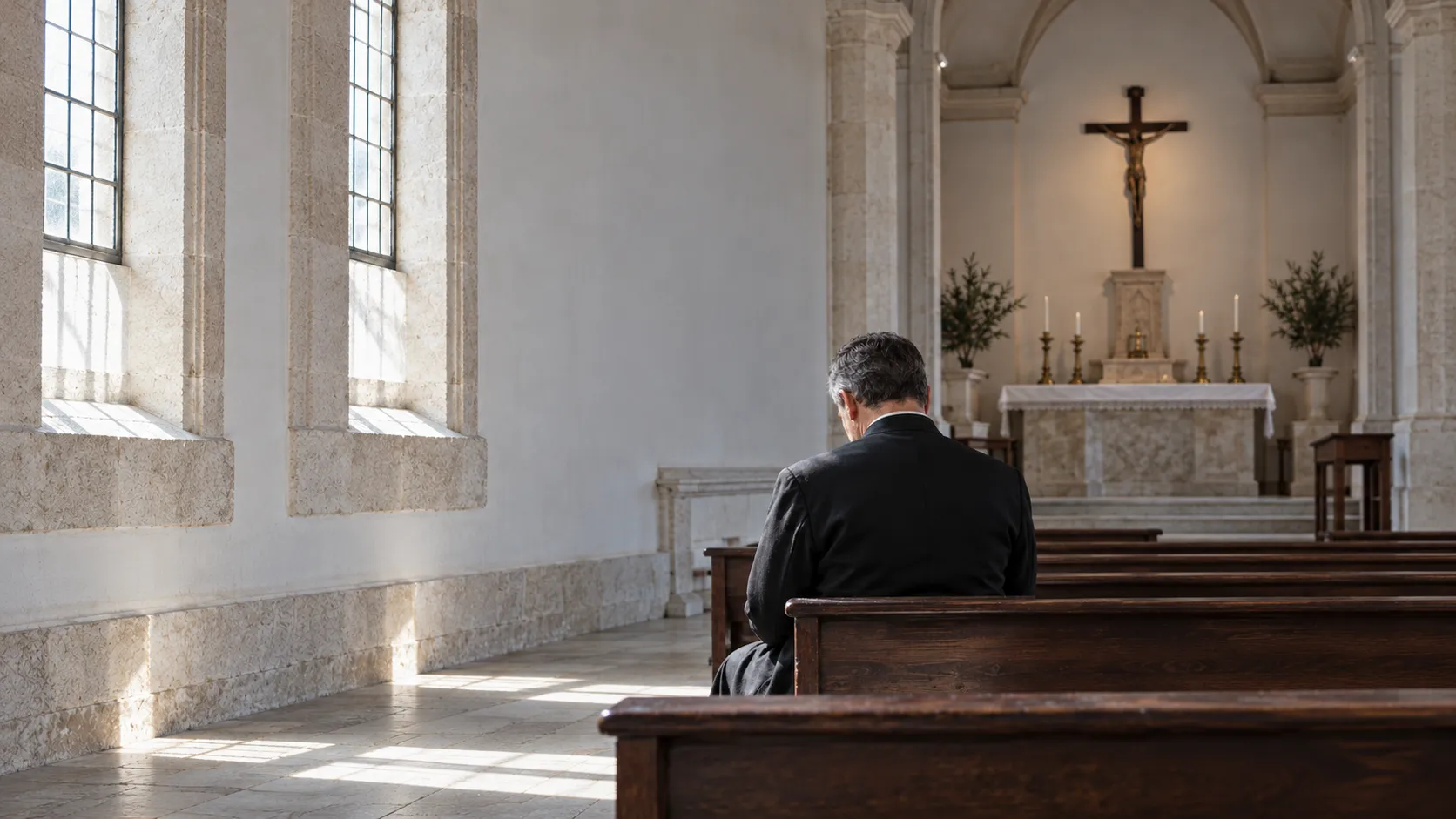 Sacerdote de costas, sentado num banco de uma capela em oração.