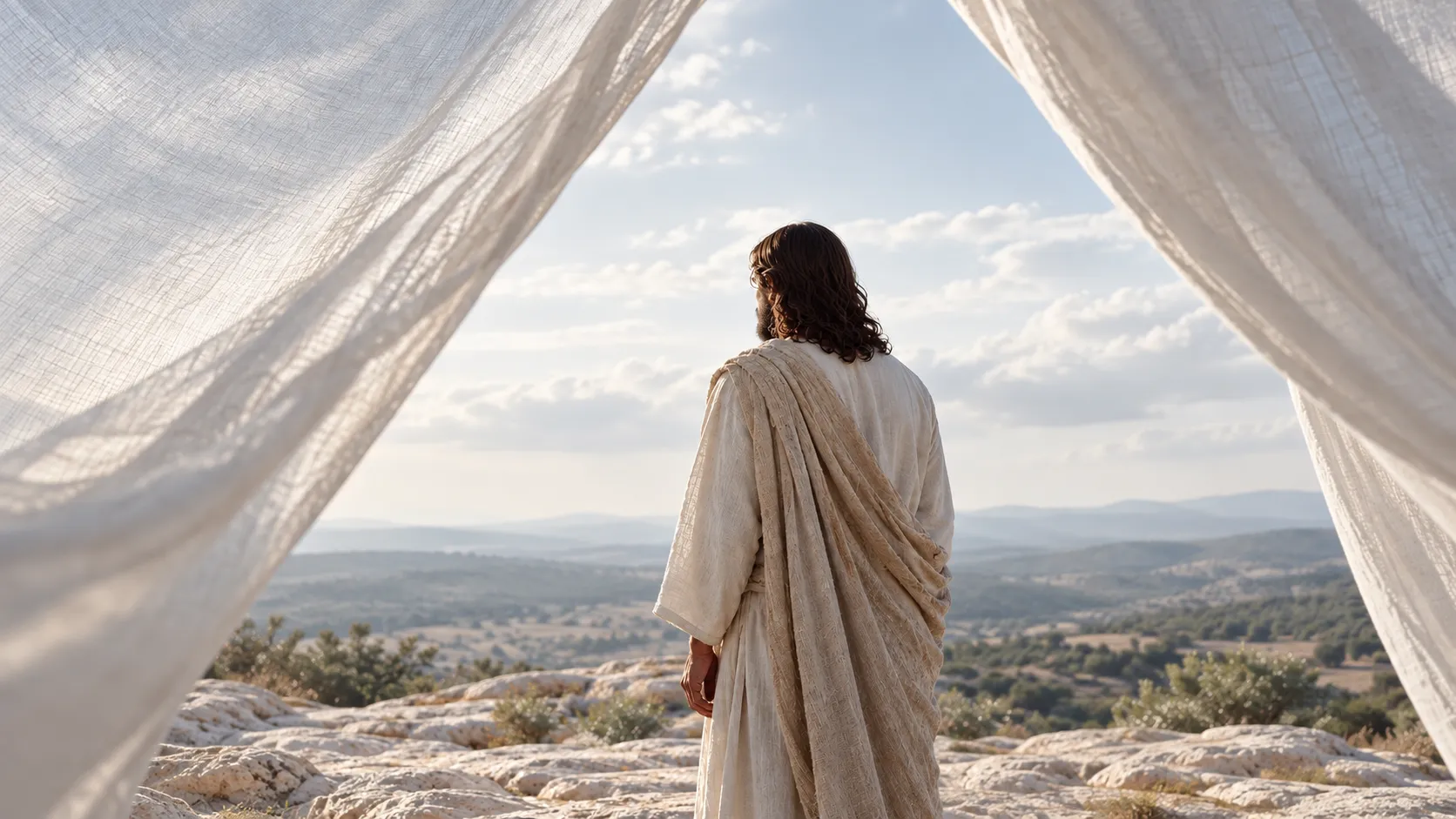 Representação artística de Jesus Cristo, com o rosto parcialmente velado por um tecido translúcido e iluminado por luz suave.