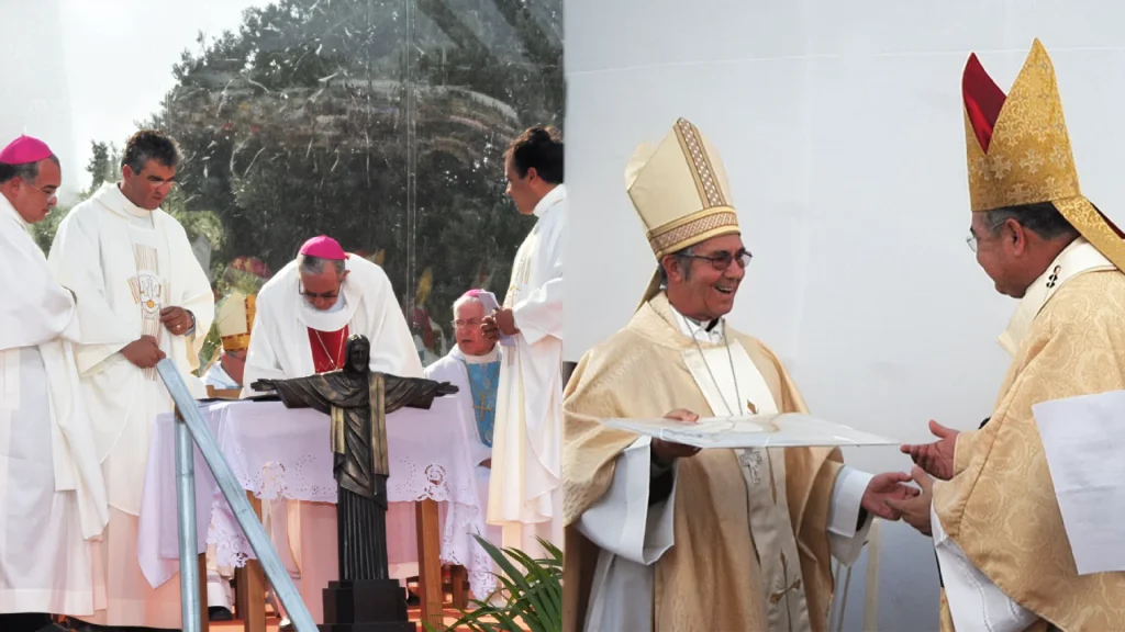 Composição de duas fotografias dos actos de geminação entre os Santuários de Cristo Rei e Cristo Redentor, em Portugal e no Brasil.